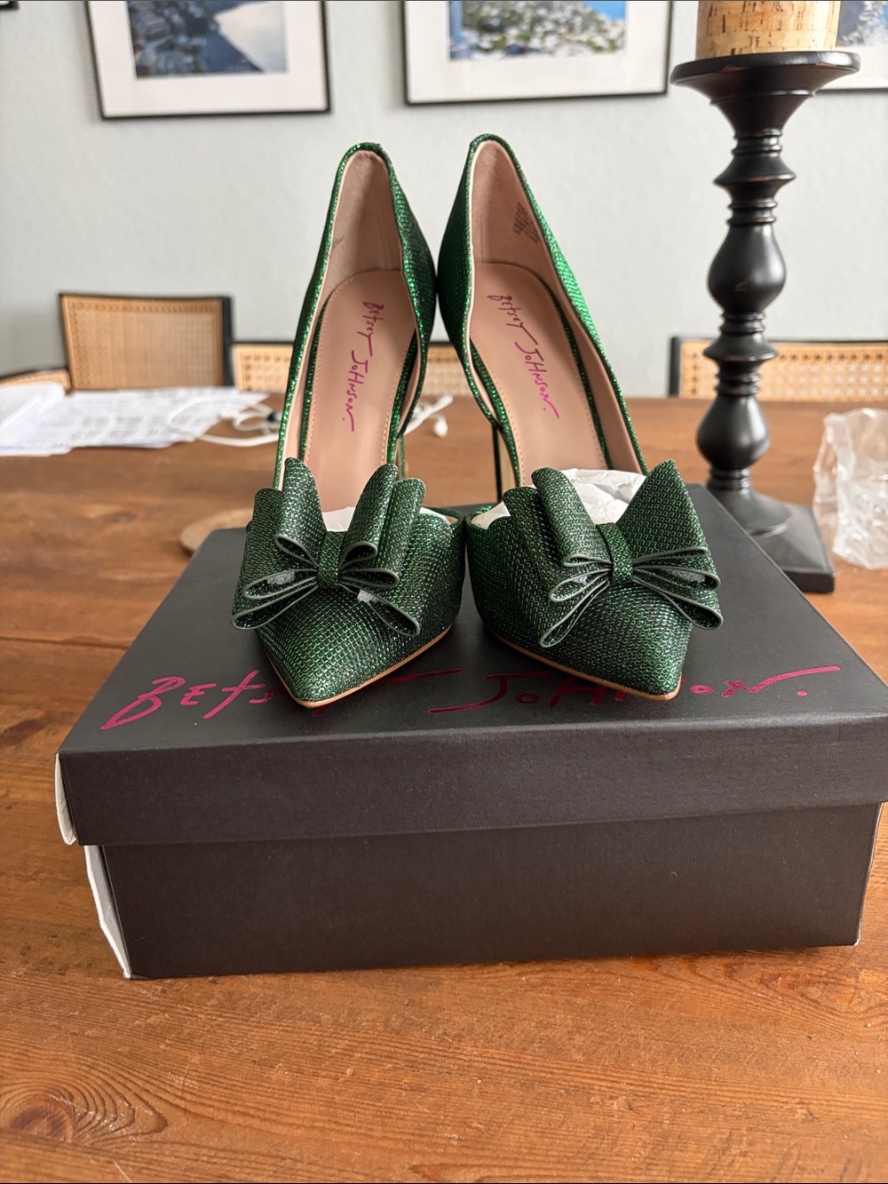 Betsey Johnson Emerald Green Textured Pointed-Toe Bow Pumps